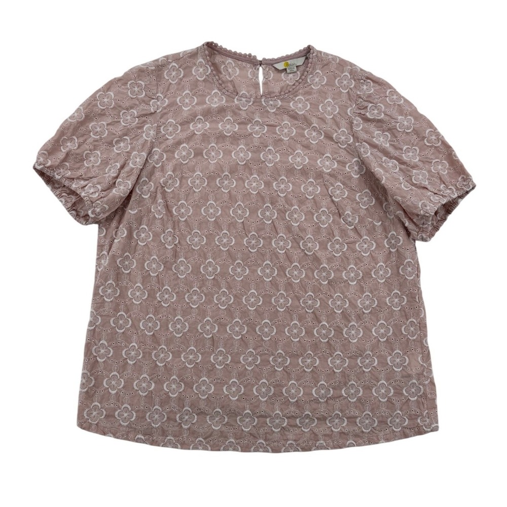 Boden Eyelet Embroidered Top Women 12 Pink Excellent Short Puff Sleeve